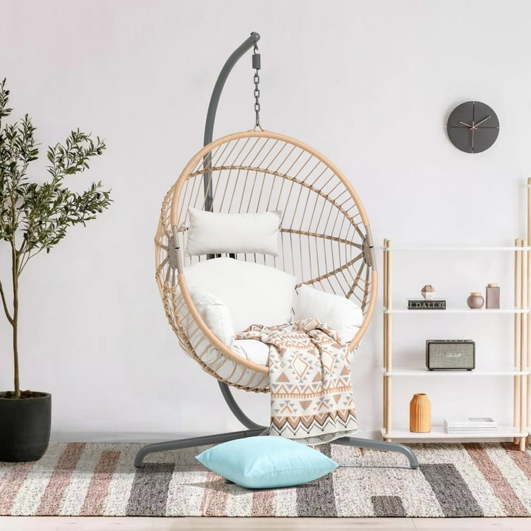 Joivi Patio Swing Egg Chair with Stand Oversized Cocoon shaped Hammock Chair Beige Wicker White Cushion Size Cocoon Shape Egg Chair Beige