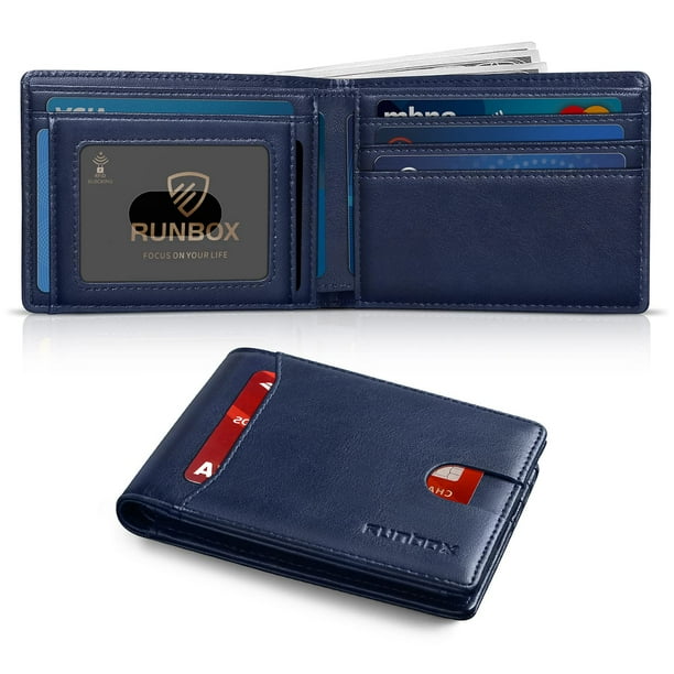 Cartera RUNBOX de piel delgada, plegable, con bloqueo RFID, azul, para hombre