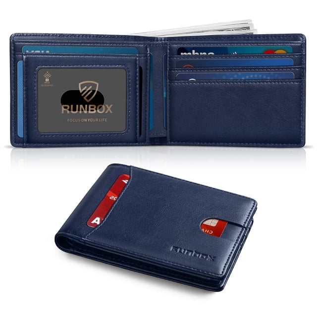 Cartera RUNBOX de piel delgada, plegable, con bloqueo RFID, azul, para hombre