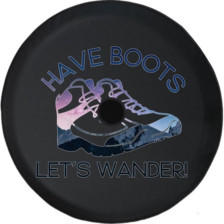 Black Tire Covers - Tire Accessories for Campers, SUVs, Trailers, Trucks, RVs and More | Have Boots Let's Wander Mountain Trail Hiking Black 32 Inch With Backup Camera Hole