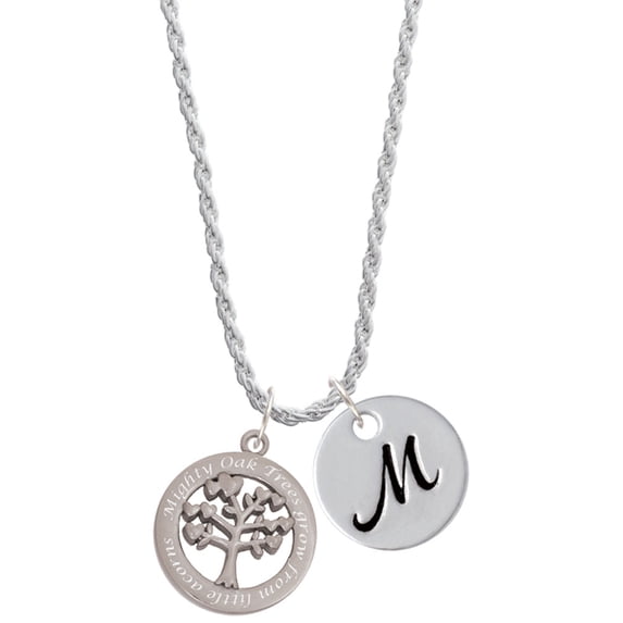 Delight Jewelry Stainless Steel Mighty Oak Tree of Life - Silvertone Script Initial Disc - M - Charm Necklace, 20"+3"