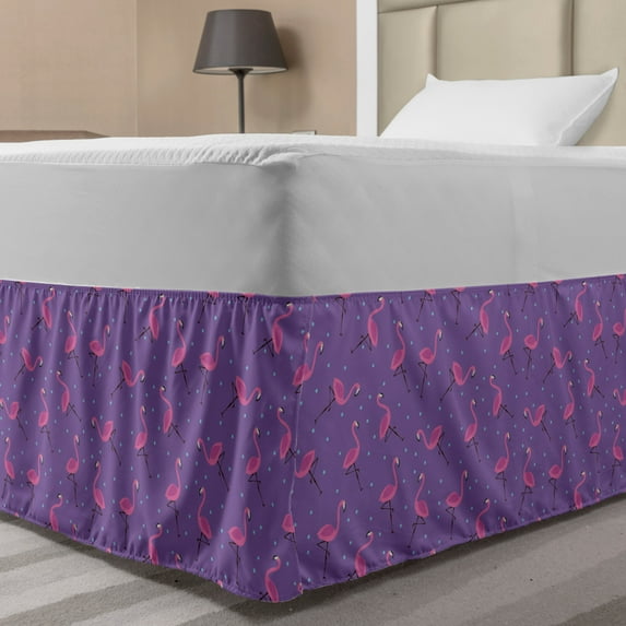 Flamingo Bed Skirt, Dotted Purple Background with Pink Exotic Birds Kids Girls Design, Elastic Bedskirt Dust Ruffle Wrap Around for Bedding Decor, 4 Sizes, Violet Pink Pale Blue, by Ambesonne