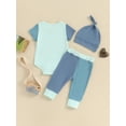 thumbnail image 4 of Bslissey Baby Boys Summer Long Pants Sets Short Sleeve Letter Print Romper + Contrast Color Pants + Hat 3Pcs 3M 6M 12M 18M Infant Toddler Casual Daily Outfits, 4 of 9