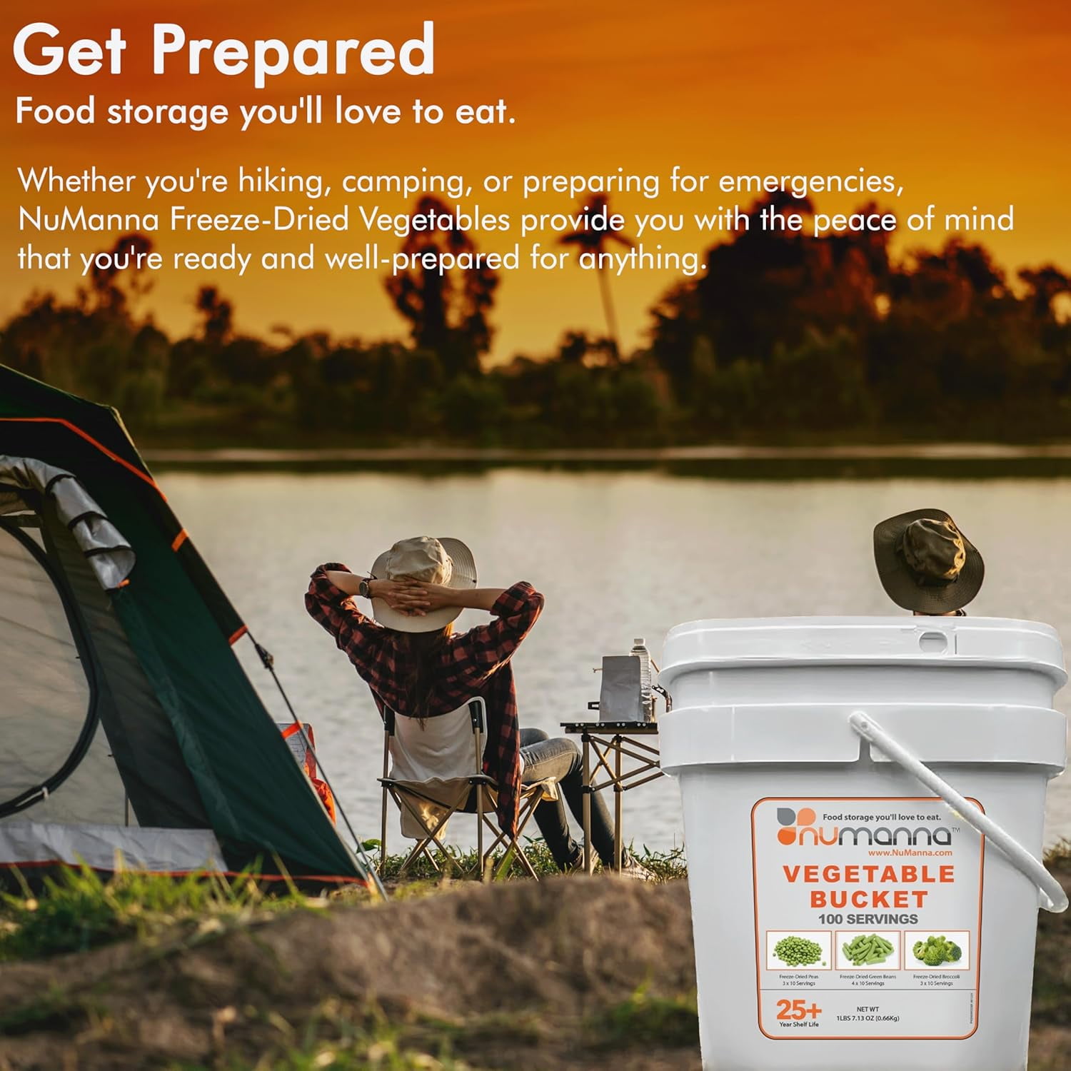 NuManna Freeze-Dried Vegetables Bucket – 100 Servings | Peas, Green Beans & Broccoli | Non-GMO, No MSG, No Preservatives | Emergency Survival Food & Camping Veggie Meal | 25-Year Shelf Life