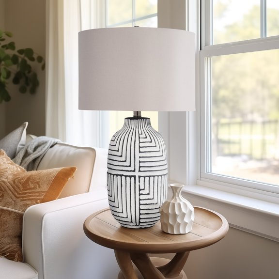 Sagebrook Home Modern Textured 26" White Ceramic Tribal Table Lamp With Linen Shade - 15" x 15" x 26"