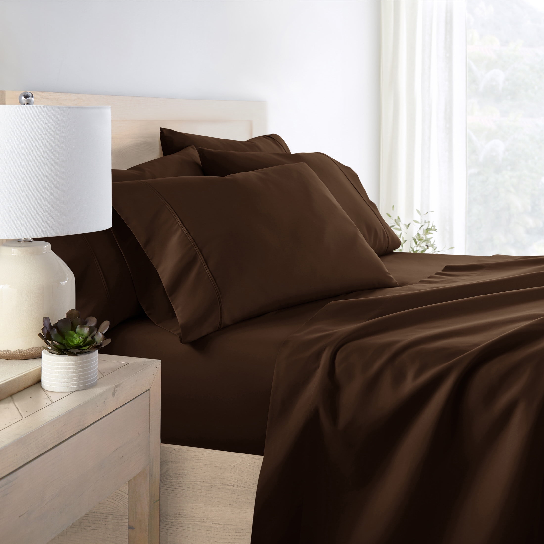 King, Chocolate Solid Microfiber 6 Piece Bed Sheet Set, by Noble Linens