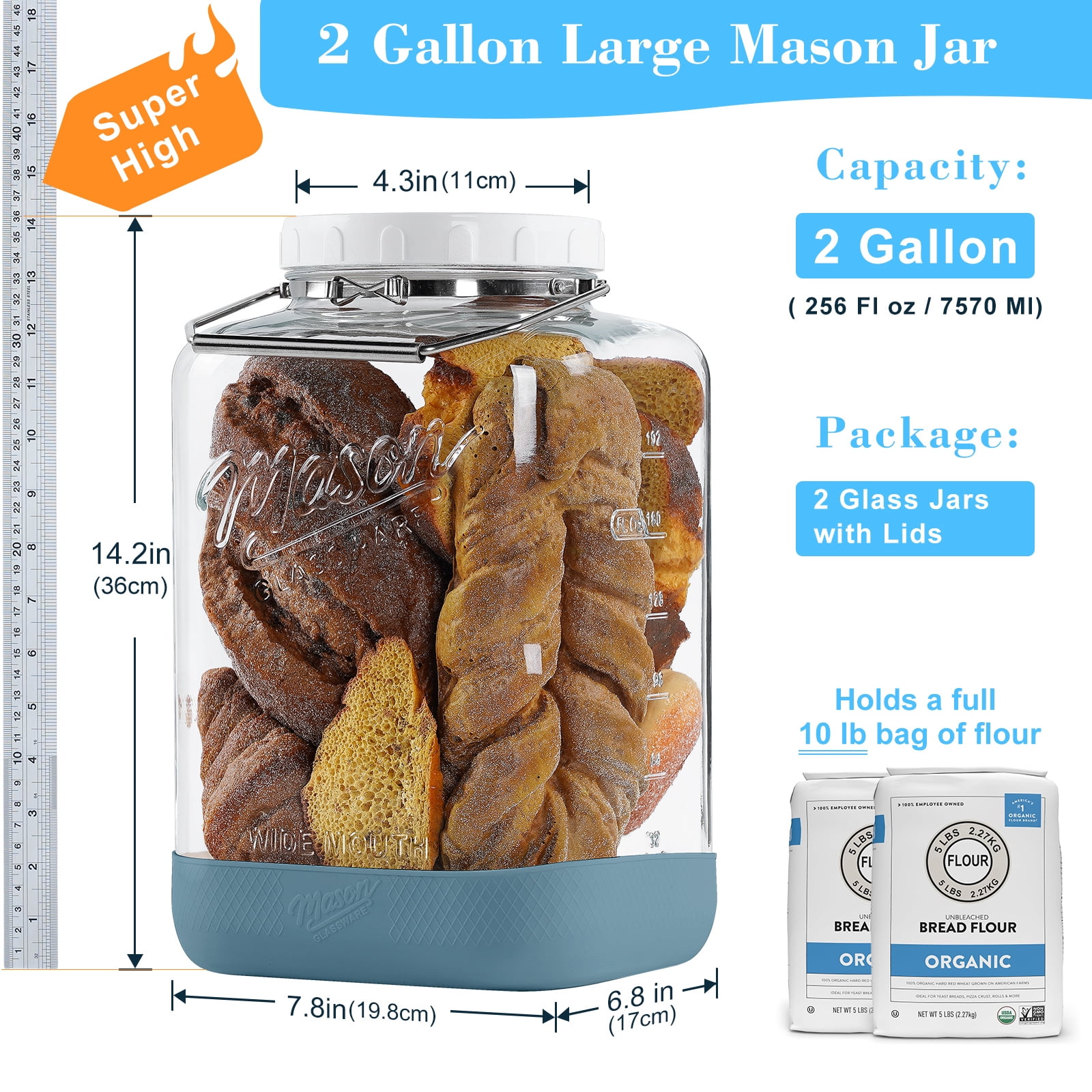 2 Pack 2 Gallon Glass Jar with Airtight Lid, 256 Oz Large Wide Mouth Mason Jar with Non-slip Base and Stainless Steel Handle - Glass Food Storage Containers for Flour, Cereals, Rice and Picking