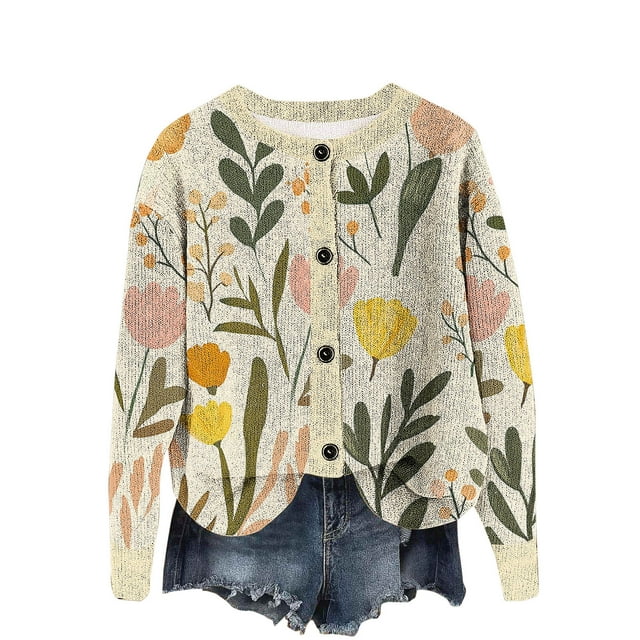 Économies d'Automne! srobpty Cardigan à Manches Longues pour Femmes, Cardigan Imprimé pour Femmes Bouton Col Rond Sans Capuche Décontracté Mode Extérieur Kaki, m