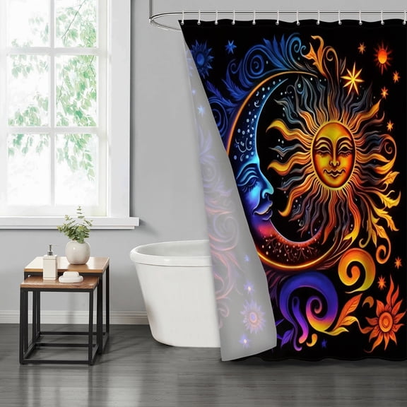 LVRLVR Sun and Moon Fabric Shower Curtain - Abstract Orange Bathroom Decoration, Blue, 70.8" x 70.8"