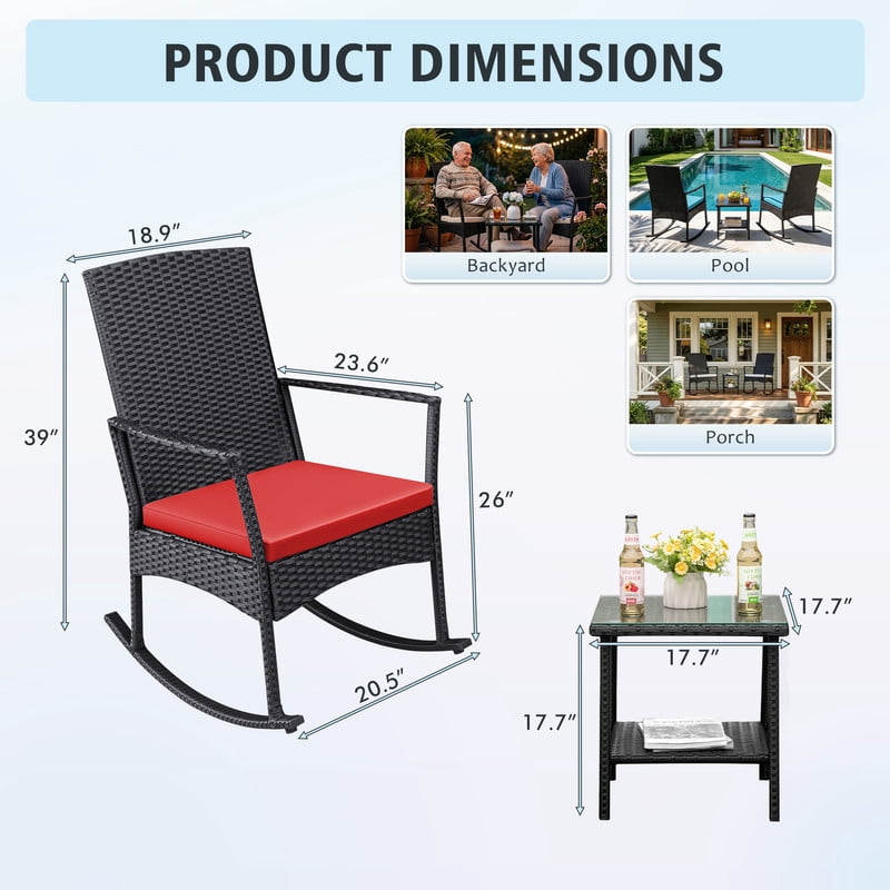 Devoko 3 Pieces Patio Rattan Rocking Chair Set with Cushion and Table Outdoor Porch and Garden Furniture Set, Red