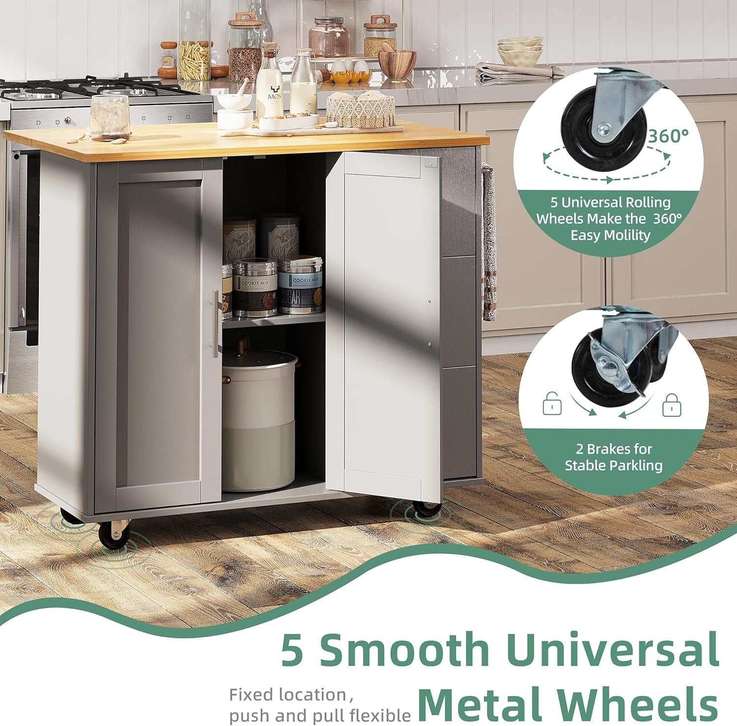 Sobaniilo Rolling Kitchen Island Cart with Folding Drop Leaf Breakfast Bar, Portable Trolley Island with Large Storage Cabinet, Shelf and Drawer, Grey