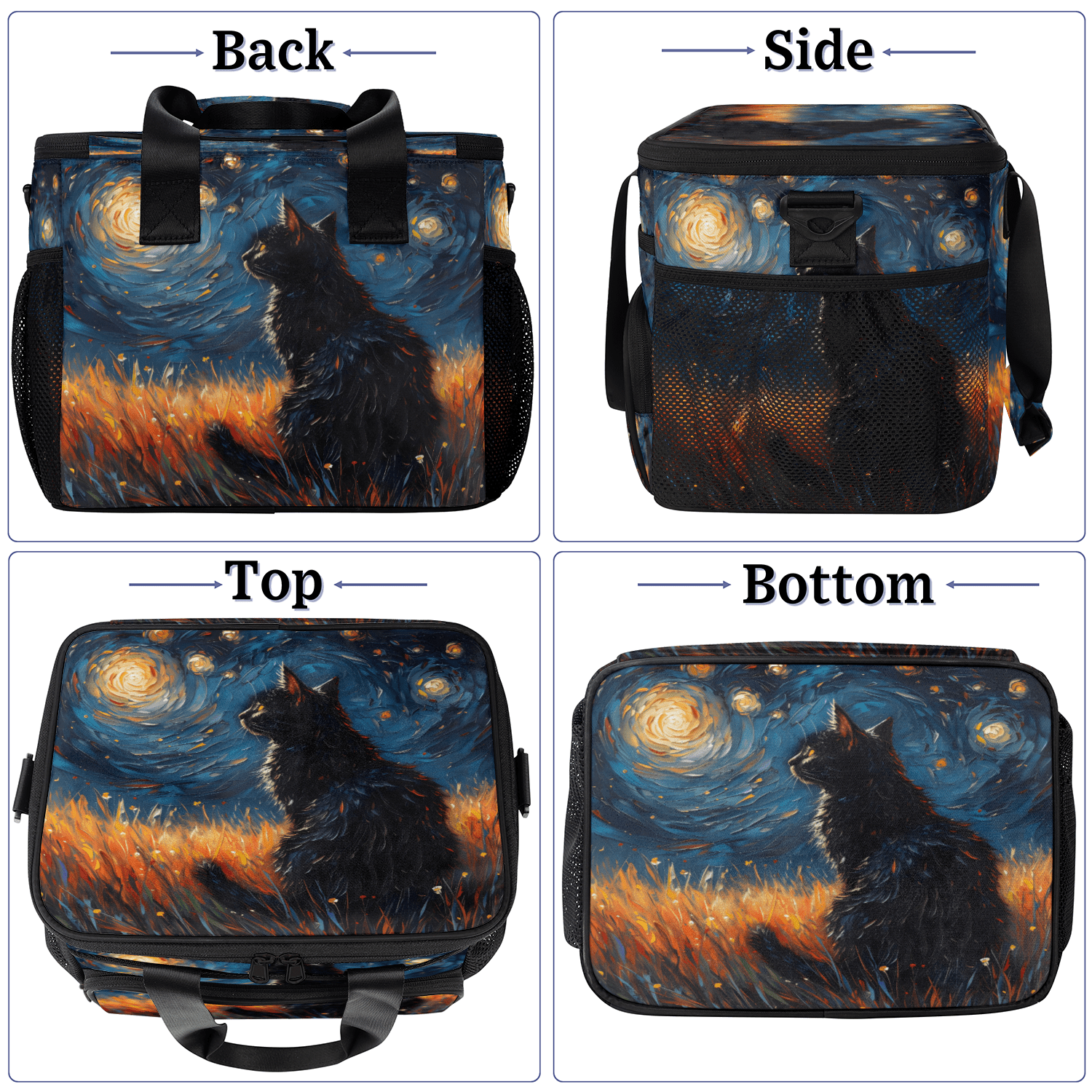 Herdesigns Night Black Cat Large Lunch Box for Adults Women Men with Adjustable Shoulder Strap, Insulated Reusable Lunch Bag Leakproof Cooler Tote Bag