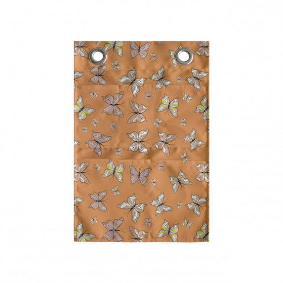 Butterfly Hanging Pocket Organizer, Cartoon of Papillon Species Delicate Romantic Ornaments, Printed Polyester Storage Bag with Pockets, 14" x 20", Apricot Pale Pink