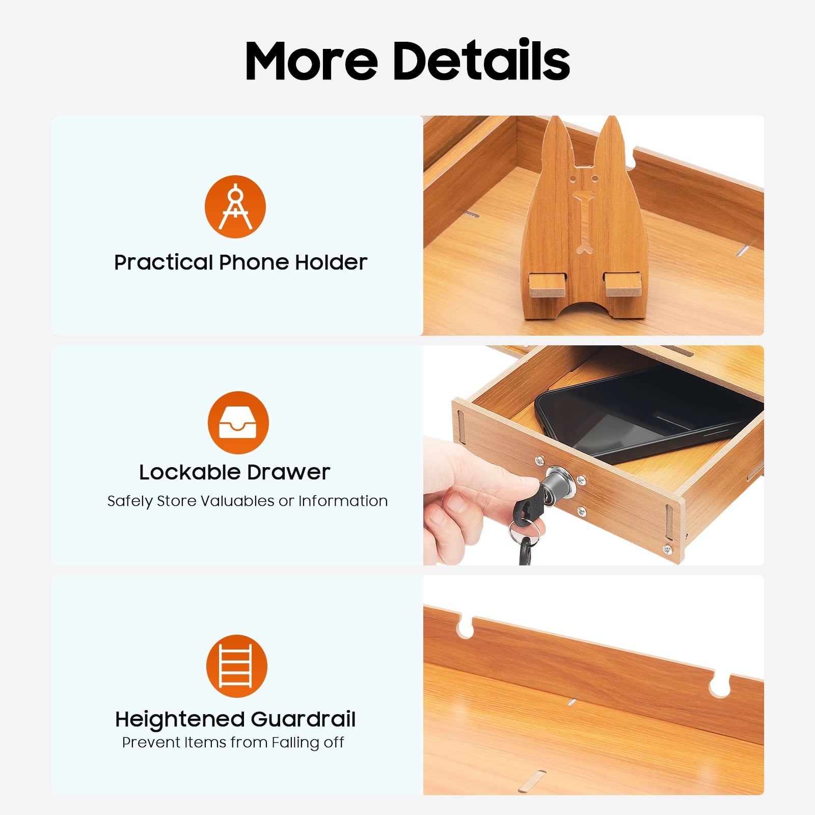 Desktop Storage Organizer with Lockable Drawer, Phone Holder & Keyboard Space, Ergonomic Monitor Riser for Office & Home
