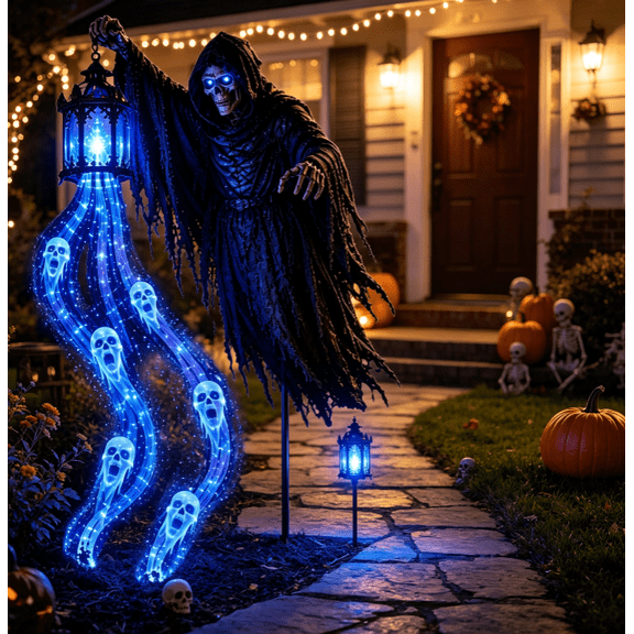 Halloween Soul Harvester Animated Garden Light – Solar Powered Flowing Ghost Spirit Lantern with Ground Stake, Spooky Animated Light Show Decor for Front Yard Haunted Display