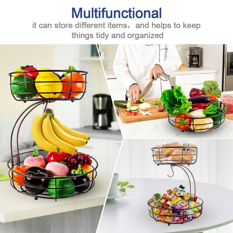 Auledio Houseware 2-Tier Fruit Vegetable Basket with Banana Tree Hanger  Kitchen Countertop Organizer, Bronze 