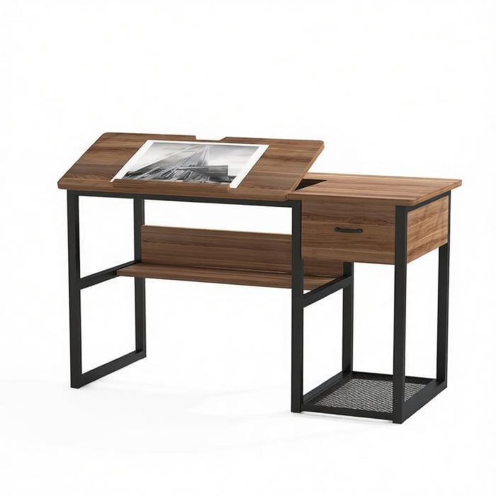 Adjustable Drafting Table with Drawer & Shelves, Tilting Desktop Art Craft Desk, Metal Frame Particle Board Workstation 250 lbs Capacity for Home Office