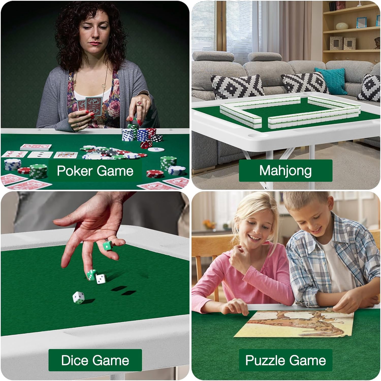 35.4'' Mahjong Table Folding Square, 4 Player Card Table Portable Poker Table with 4 Cup Holders & 4 Chip Grooves, Foldable Game Puzzle Table for Table Games, Domino Game, Board Game, Camping