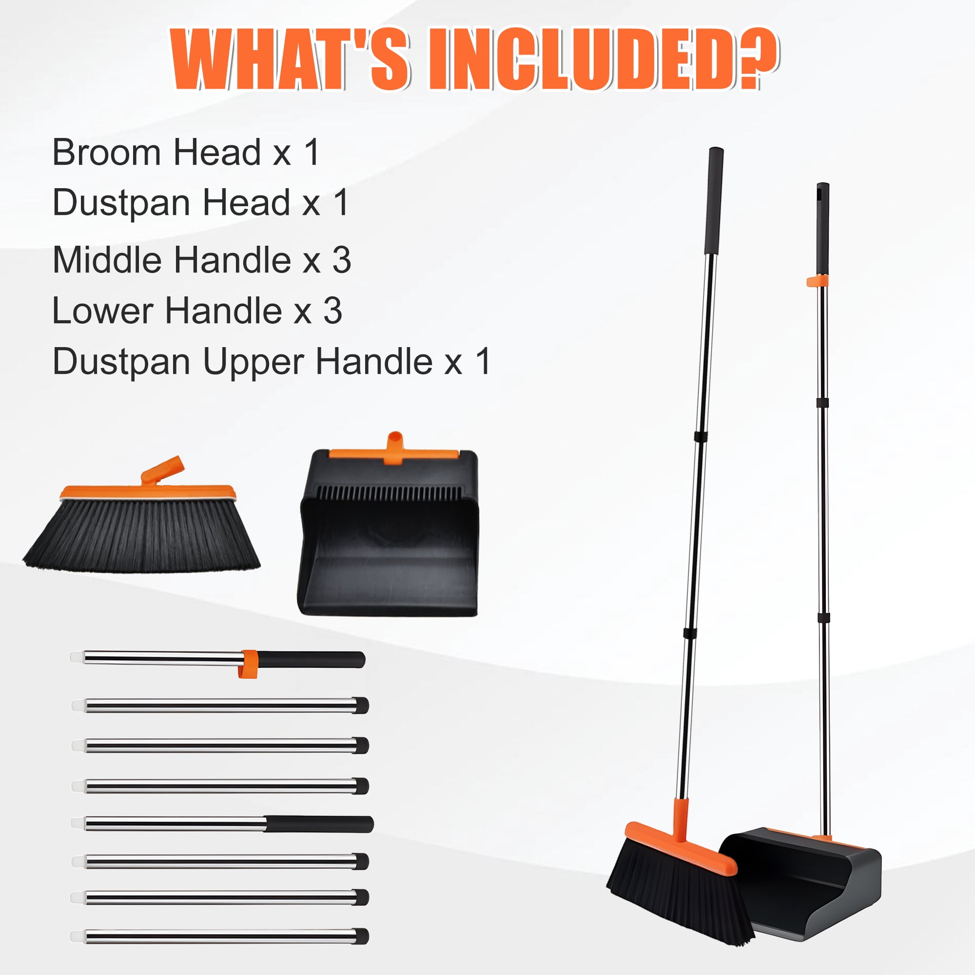 CISILOV Broom and Dustpan Combo Set with Extendable Long Handle up to 51.2", Self-Cleaning Dustpan Teeth for Pet Hair, Upright Standing Brooms for Sweeping Indoor/Outdoor/Home/Office