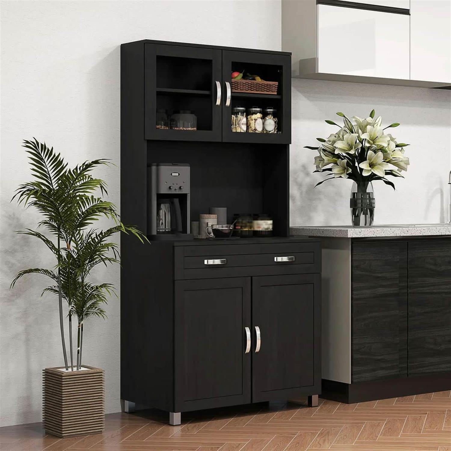 Demi Bonn 67" Buffet Hutch, Modern Kitchen Storage Cabinet, Freestanding Glass Door Pantry, Shelves & Drawers for Home Decor, Black
