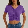 thumbnail image 2 of Fitted Crop Tops for Women Short Sleeve V Neck Ruched Slim Going Out T Shirts Solid Color Comfy Stretch Summer Tees, 2 of 7
