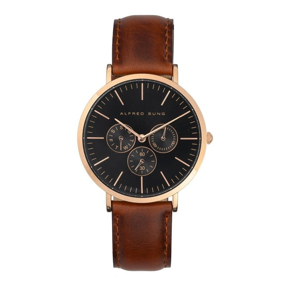 Alfred Sung Men's Taylor Multifunction Gold Black Dial Leather Watch