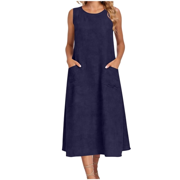 Kvture Summer Cotton Linen Long Dress for Women Sleeveless Boho Flowy Dresses Plus Size Loose Comfy Dress with Pockets Blue
