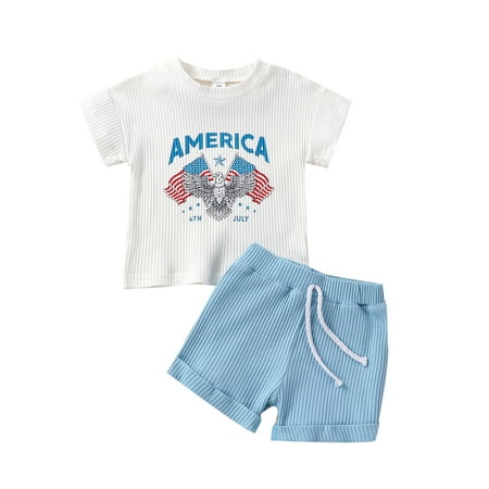 

Baby Boys Indepence Day Summer Outfit White Short Sleeve Letter Eagle Print Tops Solid Color Drawstring Shorts Sets