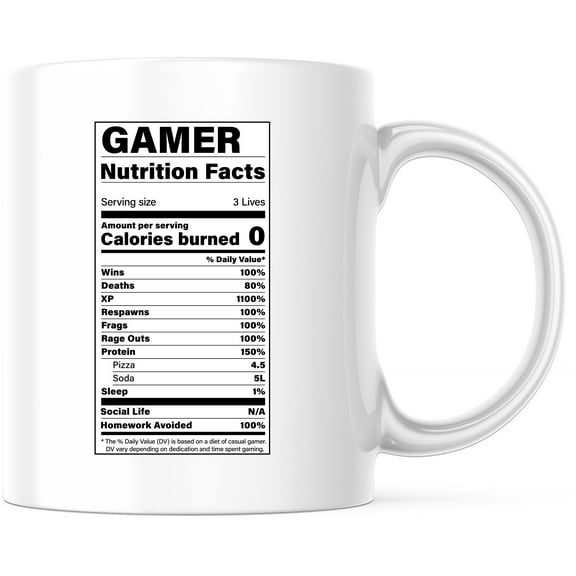 Gamer Nutrition Facts Mug - Funny Gamer Coffee Cup - Video Game Gift - Gamer Gift Idea - Gamer Nutrition Label - Gift for Gamers - 11 Ounce Novelty Coffee Cup - WMUG0336