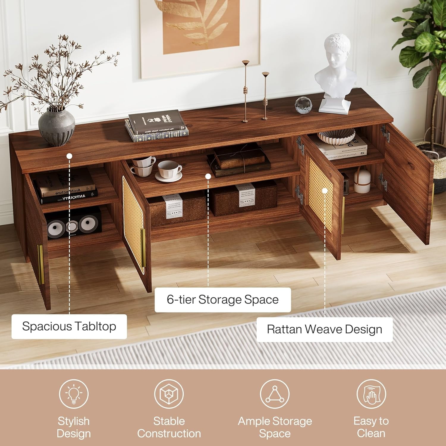 Tribesigns 70.9" TV Stand for Living Room, Mid Century Modern Entertainment Center with 6-Tier Storage Shelf