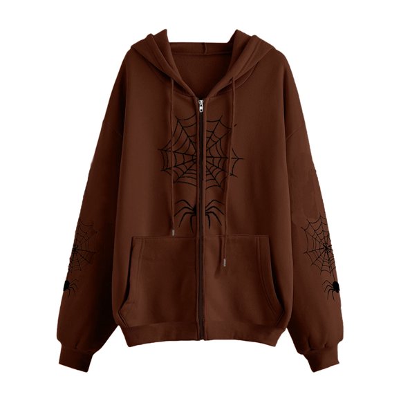 Diconna Unisex Vintage Hoodies Punk Spider Web Print Zipped Hooded Sweatshirts Grunge Long Sleeve Loose Coat for Autumn