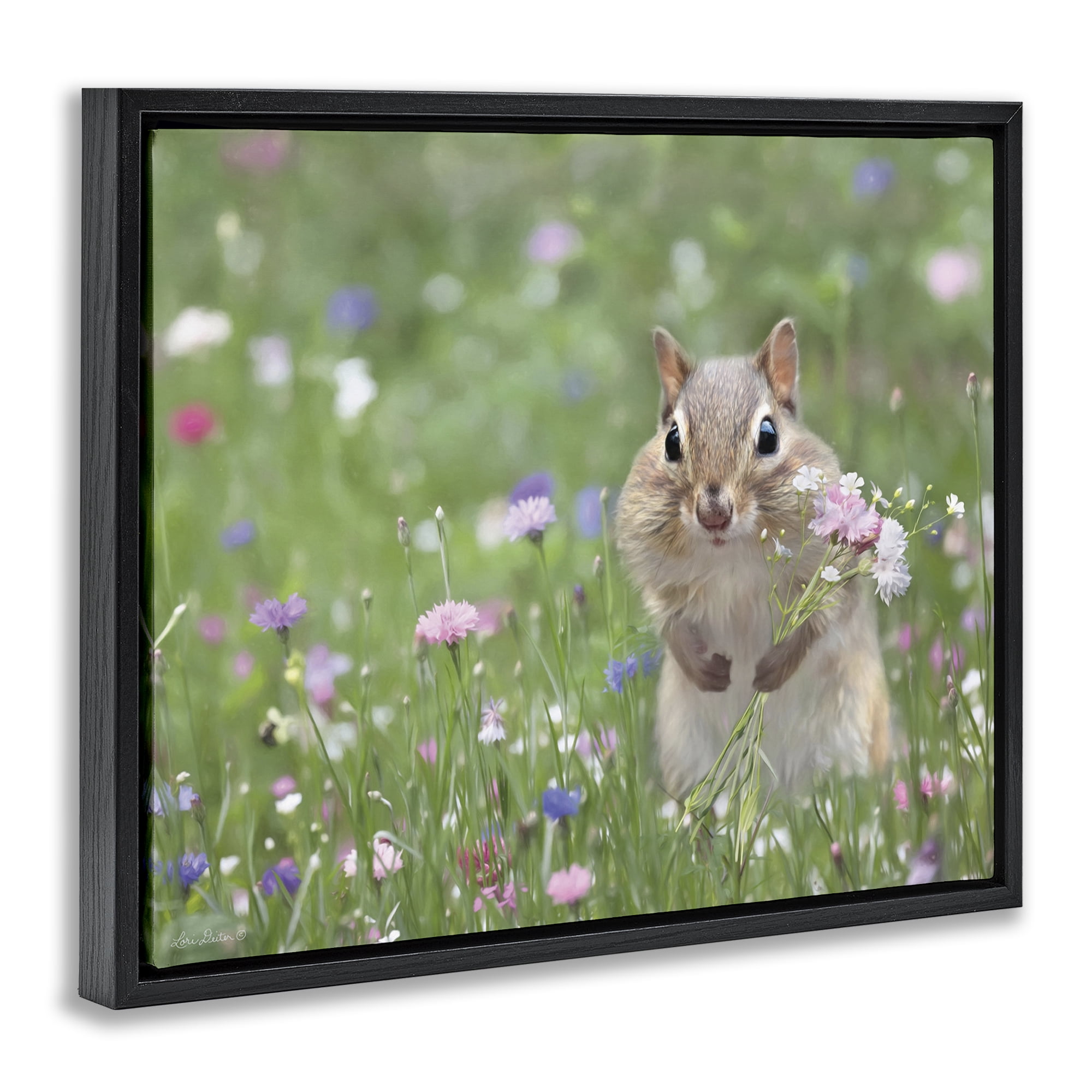 Stupell Industries Chipmunk Picking Flowers Animals & Insects Painting Black Floater Framed Canvas Art Print Wall Art, 21 x 17