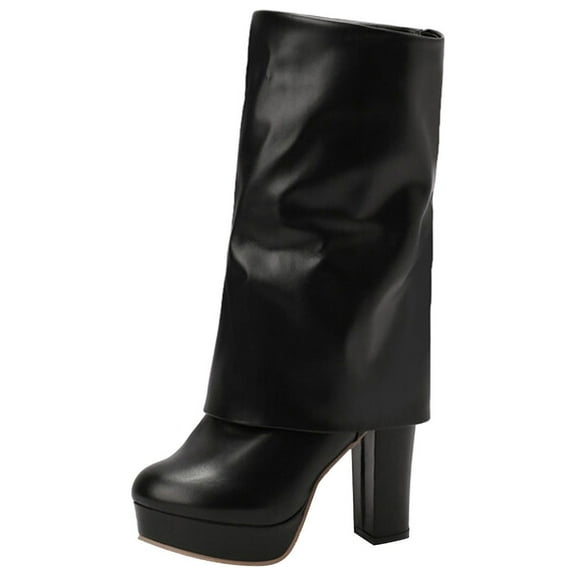 KIJBLAE Women's Boots Fold Over Ankle Boots High Heel Chunky Heel Zipper Back Booties Faux Leather Party Dress Boots Black 37