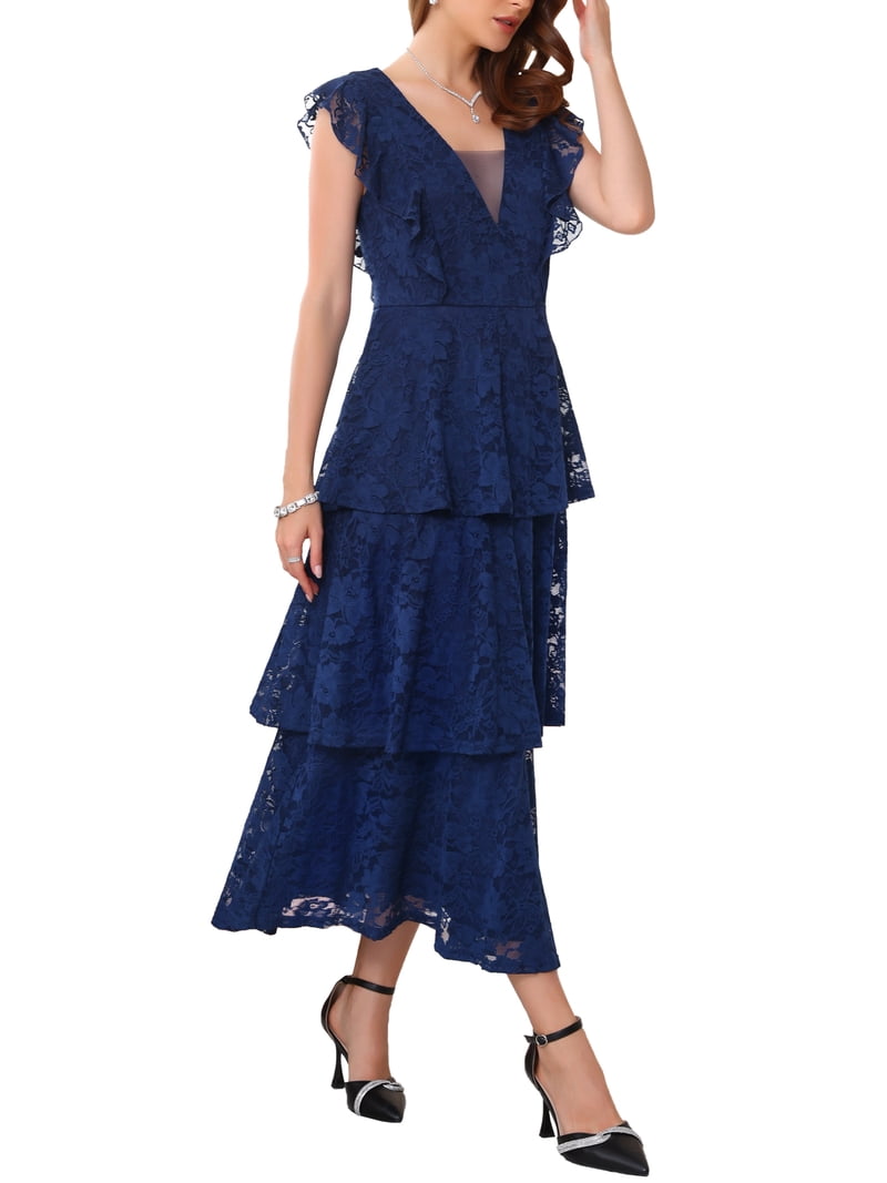 INSPIRE CHIC Women's Lace Dress for Wedding Guest Cocktail Evening Ruffle Cap Sleeves Tiered A-Line Maxi Dresses XL Blue