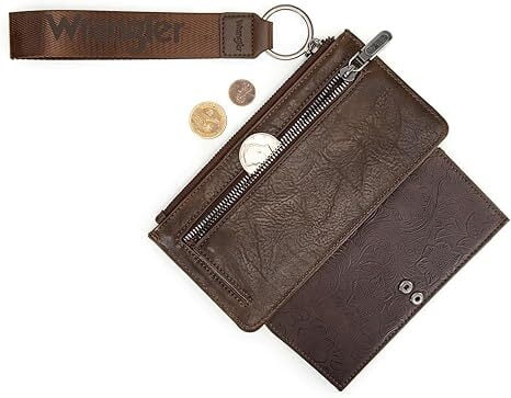Wrangler Women’s Western Wallet - RFID Blocking Bifold Wristlet with Zipper Pocket and Elegant Tooling Design, Coffee