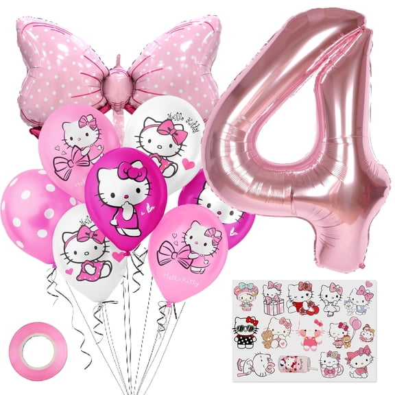 4rd balloon sticker set, 11 pieces including cartoon cat bow foil balloon, latex balloon, sticker ribbon birthday party decoration