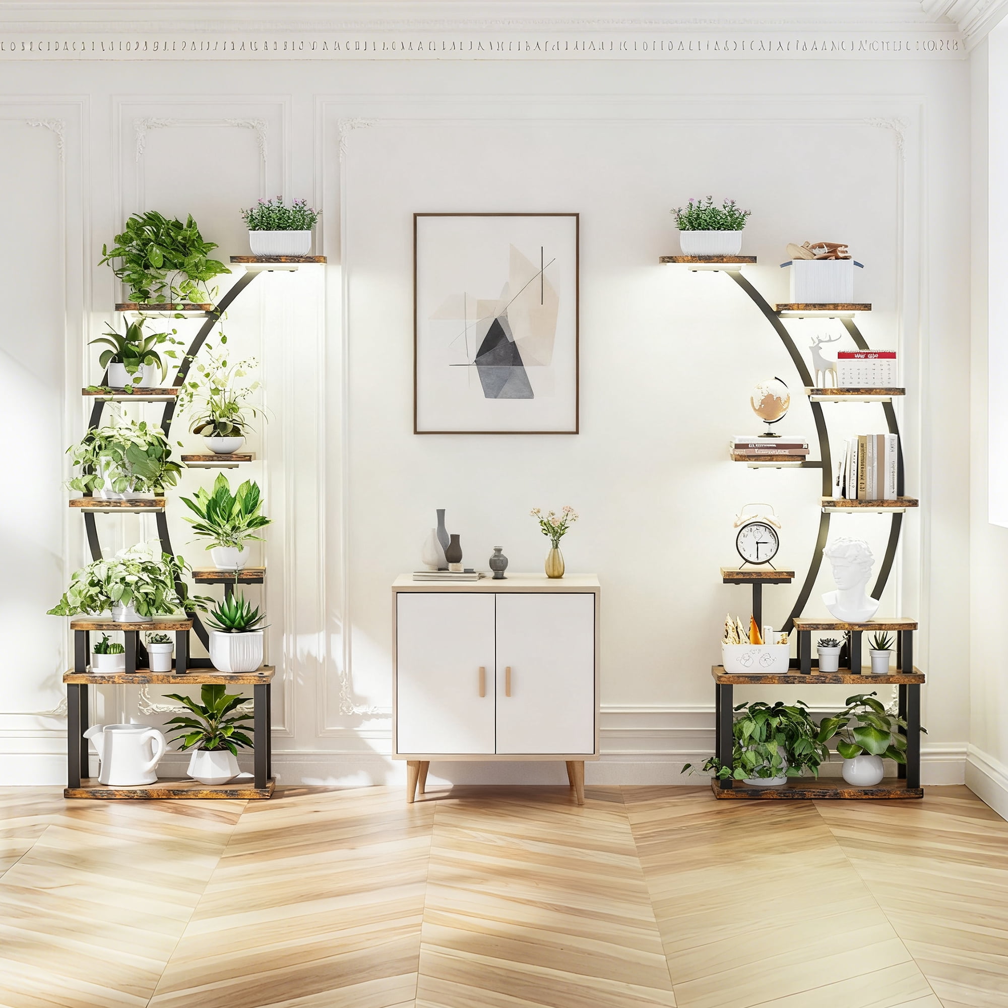 Aukfa 9-Tier Plant Stand with Full Spectrum Grow Lights & Timer, 63" Heavy Duty Tall Indoor Metal Plant Shelf, 2-Pack, Rustic Brown