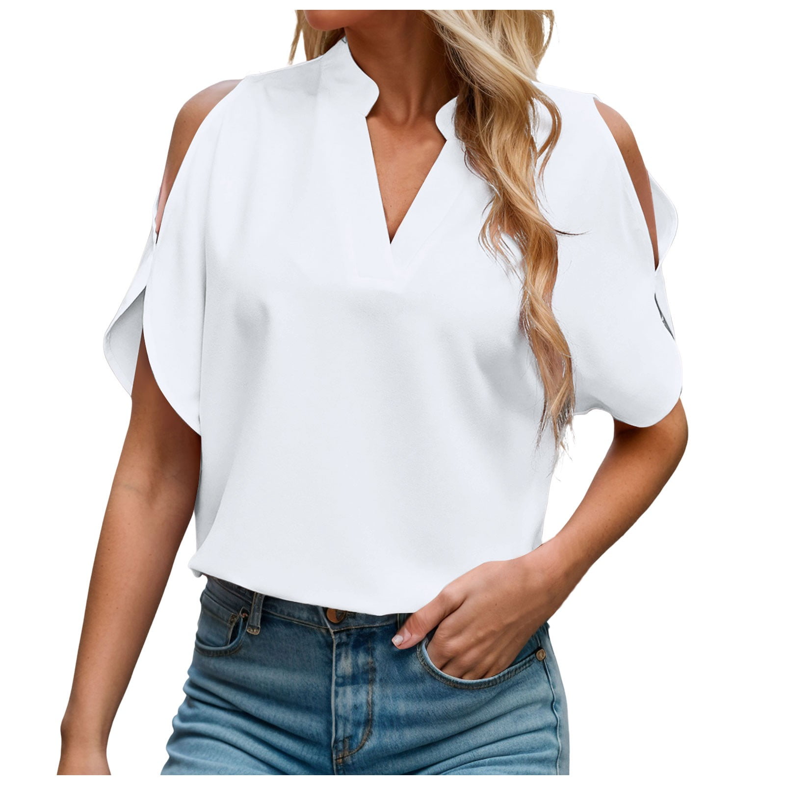 WEIYLL Going Out Tops for Women Solid Color V Neck Sleeved Off Shoulder White Blouse Sizes L