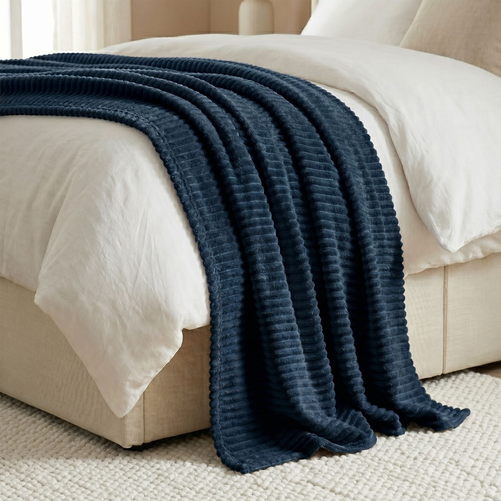 Superior Kacey Ribbed Fluffy Fleece Blanket, Twin Size, Navy Blue