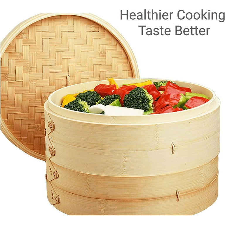 2-Tier 10 Inch Bamboo Steamer Basket with Steel Rings - Large Capacity  Dumpling, Vegetable Steamer Basket (10x6.5x10 In)