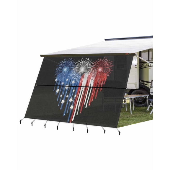 4th of July RV Awning Sun Shade Screen 9'X15.3' Patriotic Heart Fireworks Mesh Sunscreen Red White BlueDripping Awning Shade Screen with Zipper UV Blocker Completed Kits for RV Motorhome Camper