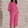 thumbnail image 3 of dazeni Women's Linen 2 Piece Outfits Loose Casual Lounge Set with Side Slite Tunic Tops and Capris 3/4 Sleeve Pajamas Sets, 3 of 5