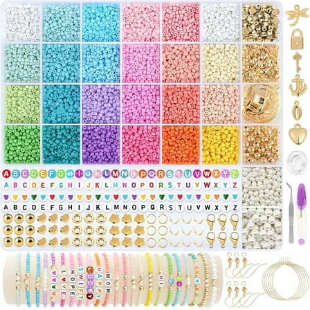 Glass Bead Bracelet Making Kit - 13135pcs DIY Jewellery Kit with Colorful Letter Beads, Pendant Charms, Elastic Strings - Gift for Teen Girls