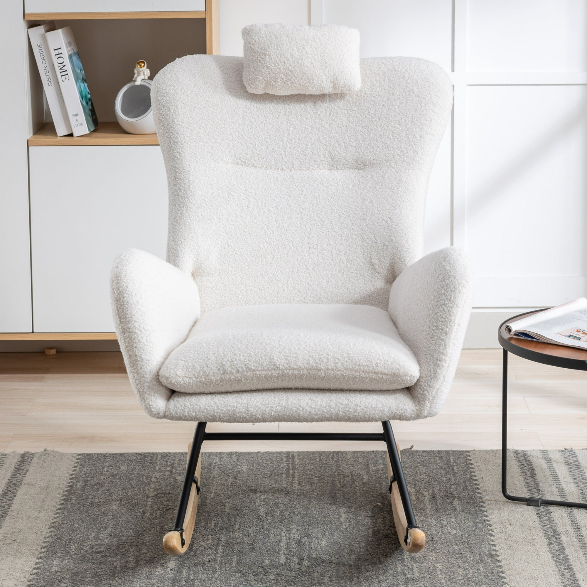 Nursery Rocking Chair, 35.5" Teddy Fabric Upholstered Glider Rocker with High Backrest, Modern Rocking Accent Chairs Comfy Side Chair for Nursery, Bedroom, Living Room,White