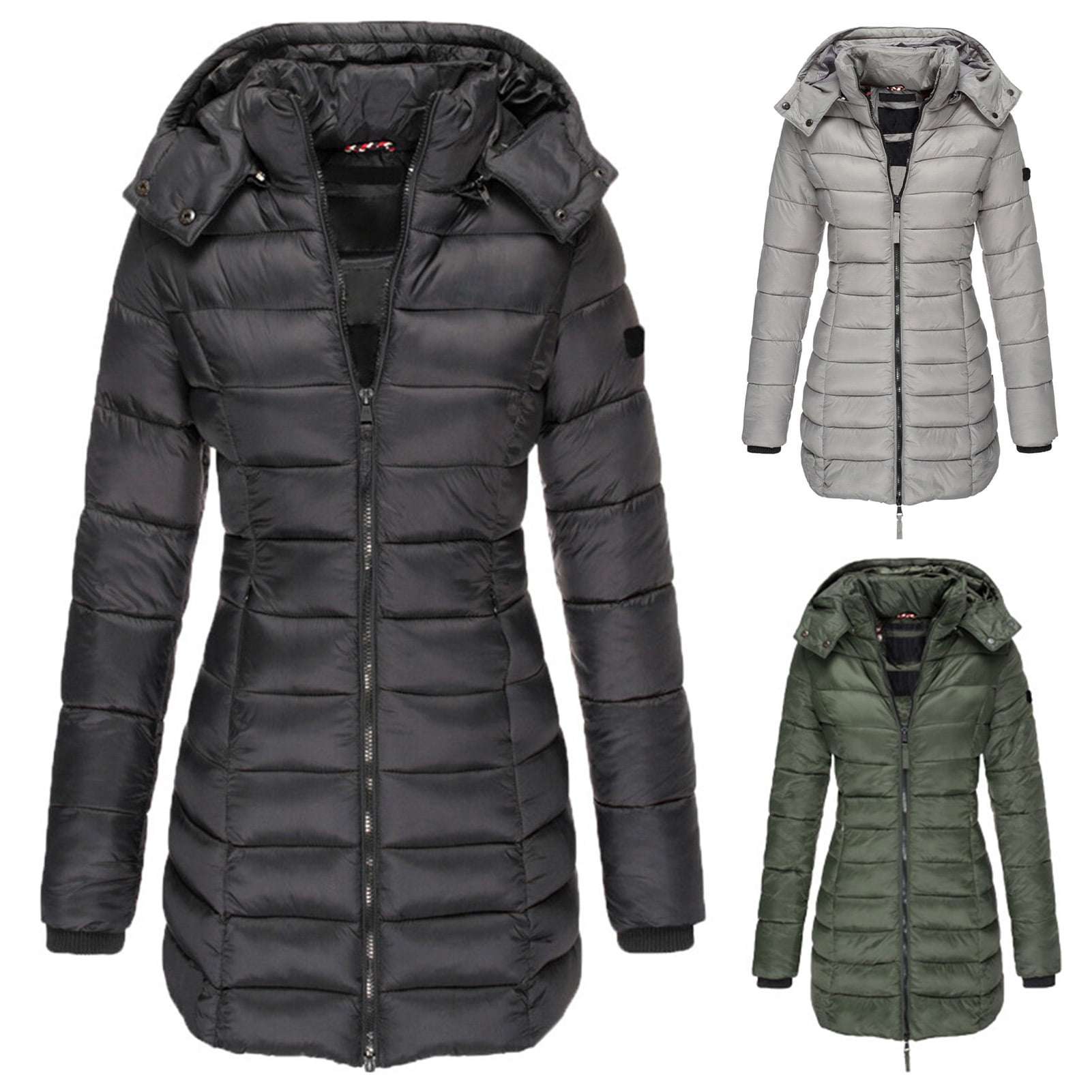 Winter Jacket Solid Color Hooded Slim Pockets Quilted Coat for Daily Wear -  Walmart.com