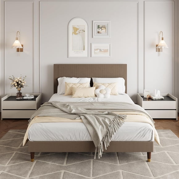 Queen Size Bed Frame with Upholstered Headboard and Strong Wooden Slats Support, Soft Corduroy Fabric Platform Bed, No Boxing Spring Needed, Easy Assembly, Brown