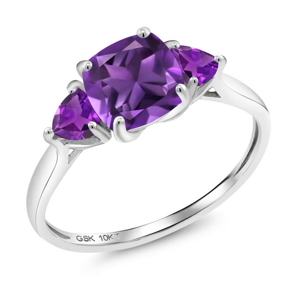Gem Stone King 10K White Gold Purple Amethyst 3-Stone Engagement Ring for Women (1.82 Cttw, 7MM Cushion and 4MM Trillion, Size 5)