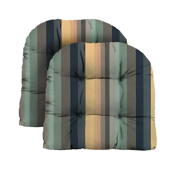 RSH Décor Indoor Outdoor Set of 2 U-Shape Wicker Tufted Seat Cushions, Standard, Braymont Dune Blue Stripe