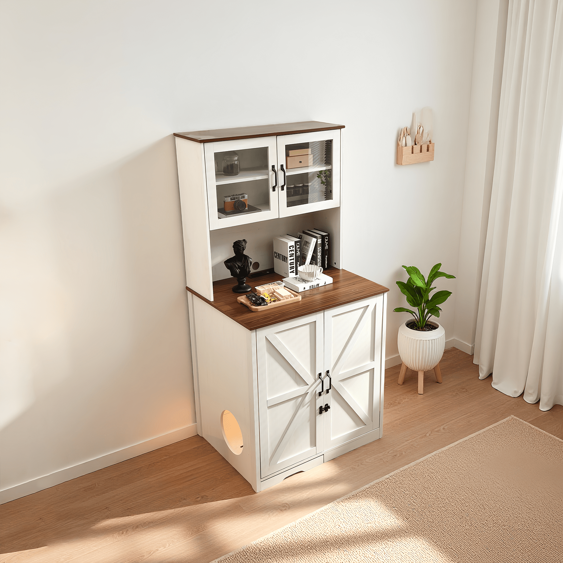 Oversized Cat Litter Enclosure for Self-Cleaning Cat Litter Boxes, Wooden Cat Litter Cabinet  with LED Lighting, an Adjustable Shelf & Doors