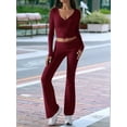 thumbnail image 5 of Women'S Workout 2 Piece Lounge Sets Long Sleeve Tops Foldover Flare Pants Casual Outfits Tracksuit Wine Red XS, 5 of 8
